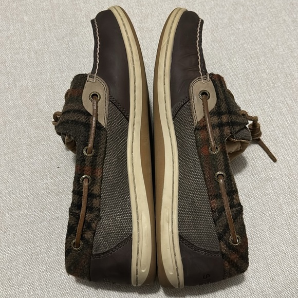Sperry Top Sider Shoes-Wmns Sz 9-Dark Brown with Plaid Flannel Trim-Leather Ties - Picture 8 of 15